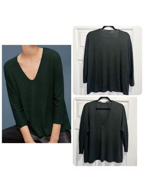 Aritzia Wilfred Free Aneta Green V-Neck 3/4
Sleeve Top Relaxed Fit Shirt Small
